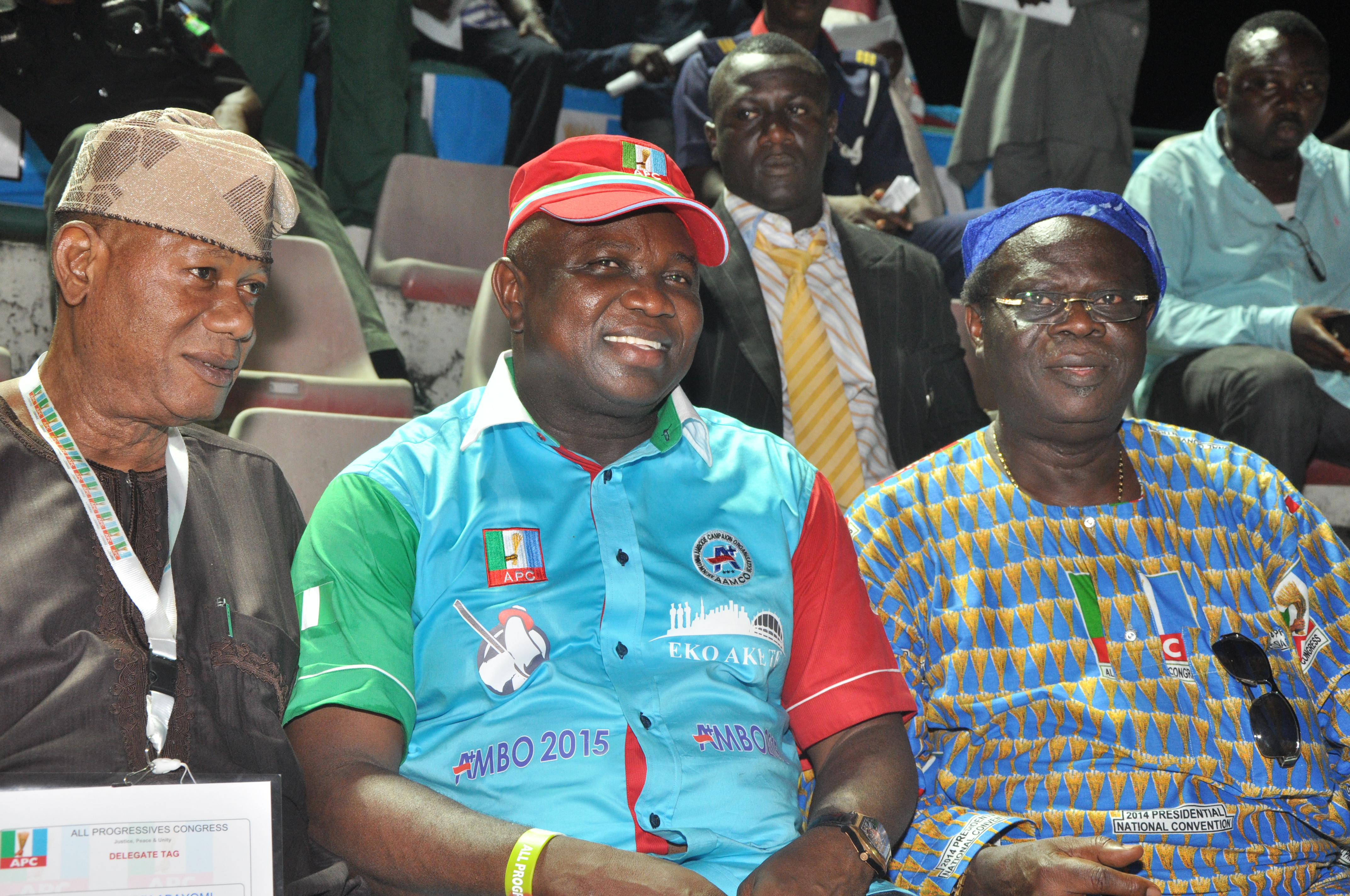All Progressives Congress (APC) State Leader in Lagos State, Alhaji Badmus Abayomi, APC Governorship candidate for Lagos State, Akinwunmi Ambode and Deputy State Chairman APC Lagos State, Cardinal James Omolaja Odunmbaku at the 3rd National Convention Presidential Primary of the Party in Lagos.