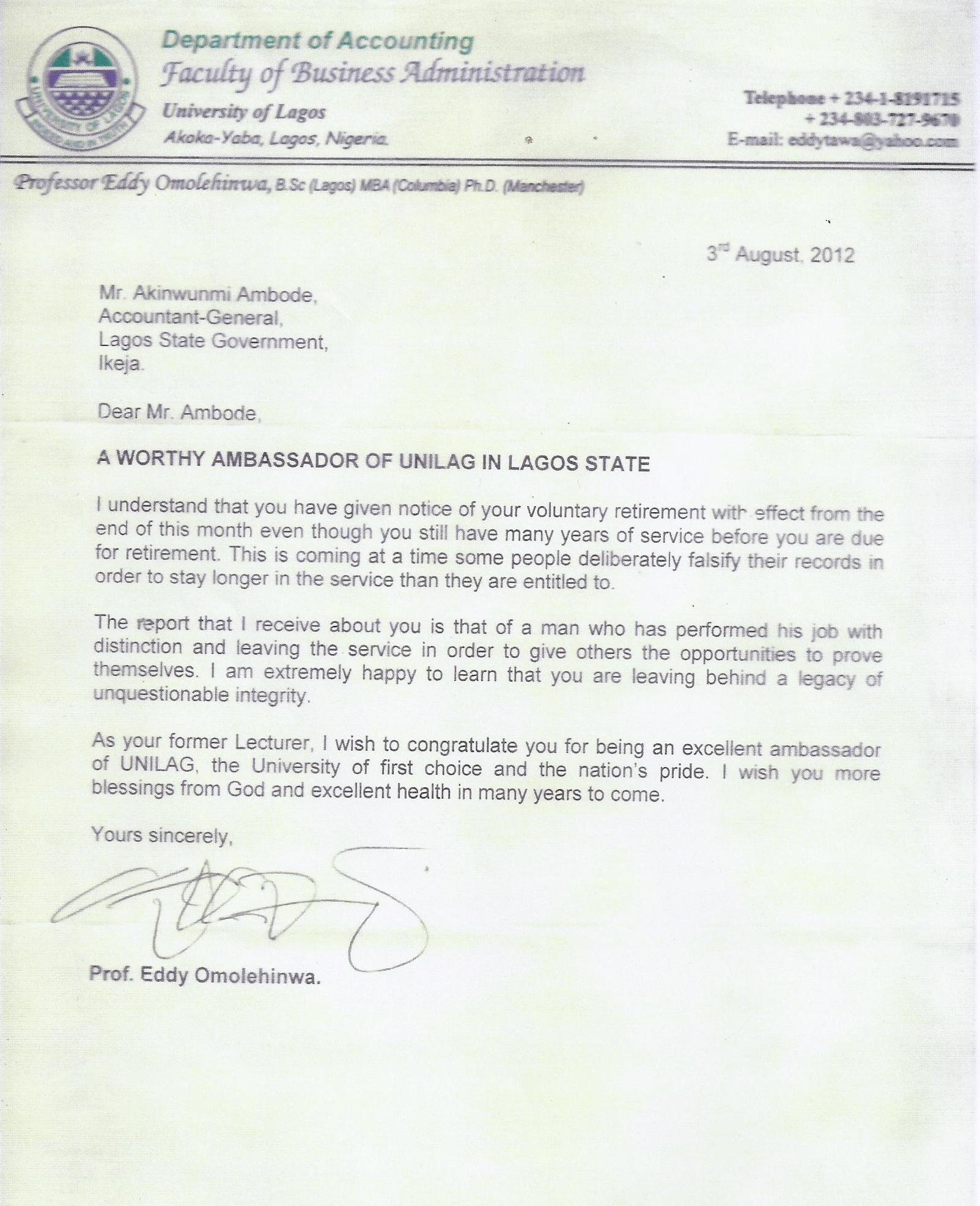 Akinwunmi Ambode's Letter of Commendation