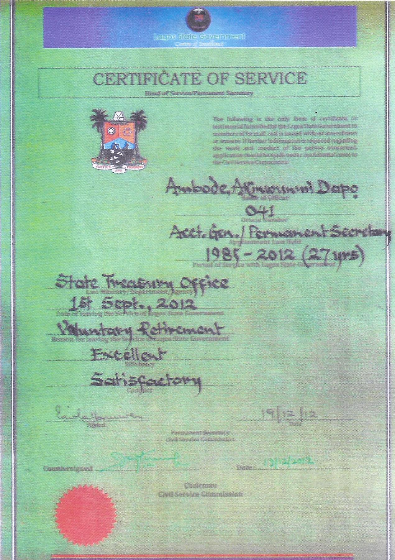 The Certificate of Service Given to Akinwunmi Ambode Upon His Retirement in 2012