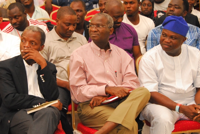 APC's Vice-Presidential candidate, Professor Yemi Osinbajo, Governor of Lagos State, Governor Babatunde Fashola, the state's APC governorship candidate, Mr. Akinwunmi Ambode, and a cross section of students at an interactive session organized  by the Joint Campus Committee (JCC) in Lagos