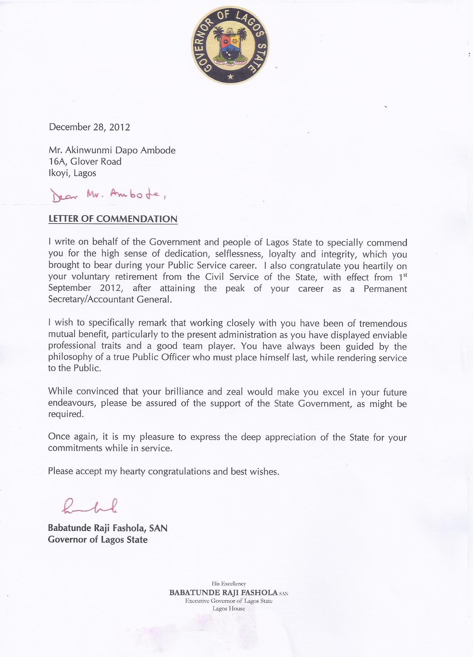 The Letter of Commendation Given to Akinwunmi Ambode Upon His Retirement in 2012