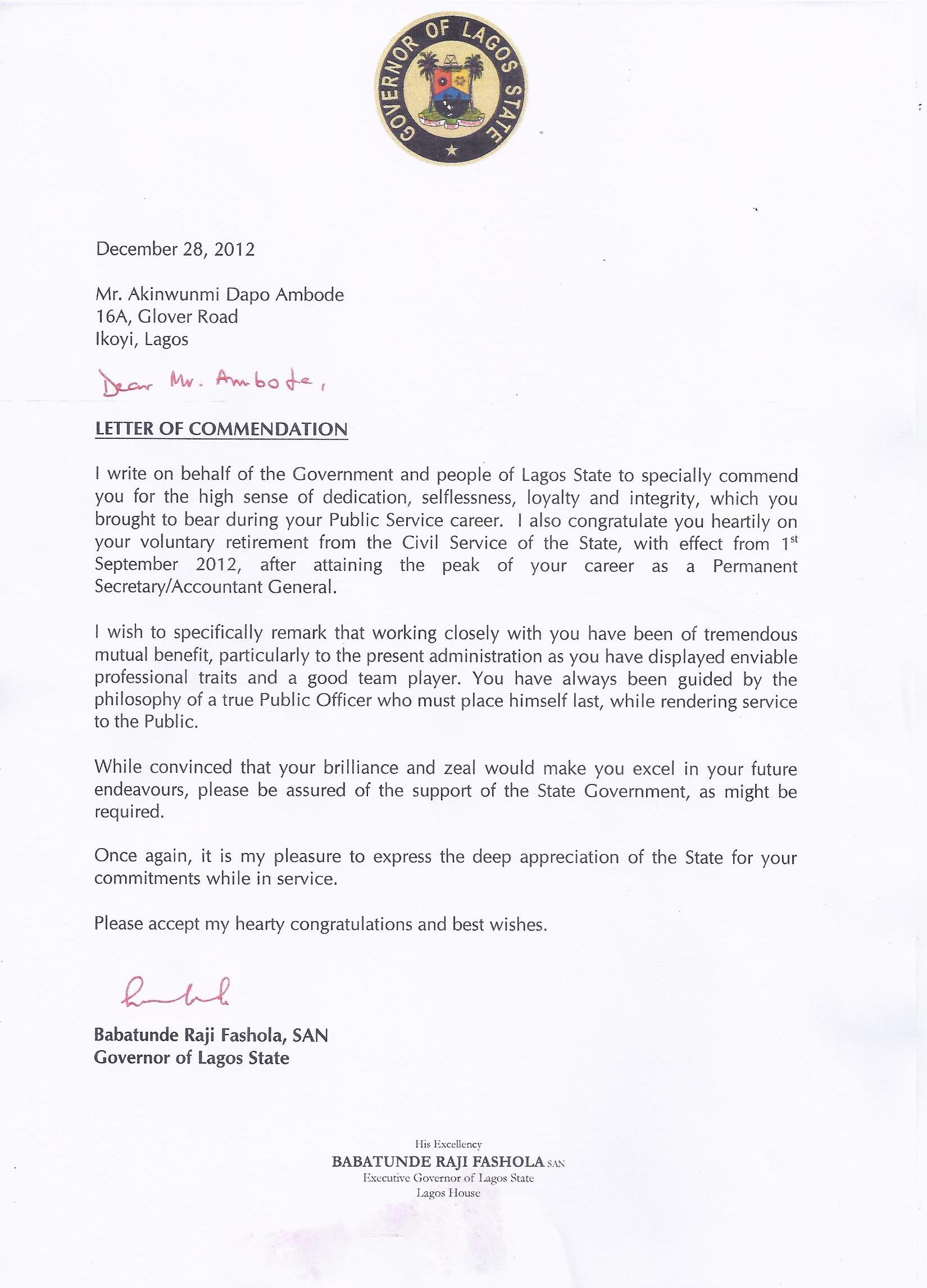 Akinwunmi Ambode's Letter of Commendation