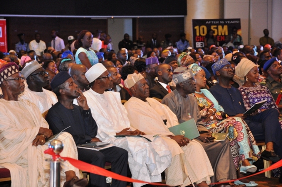 Mr. John Odigie-Oyegun, APC National Chairman, Prof. Yemi Osinbajo (SAN), APC Vice Presidential Candidate, General (Rtd.) Muhammadu Buhari (GCFR), APC Presidential Candidate, Chief Bisi Akande, APC National Leader, Asiwaju Bola Ahmed Tinubu, APC National Leader, Senator Oluremi Tinubu, Distinguished Senator of the Federal Republic of Nigeria, Mr. Babatunde Raji Fashola (SAN), Executive Governor of Lagos State, Mrs. Funsho Amosun, The First Lady of Ogun State at the Occasion